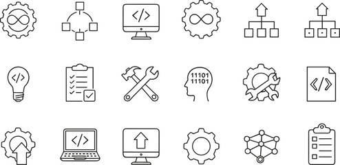 A comprehensive vector illustration showing essential tools and processes for modern software development, including continuous integration, coding, debugging, and project management tasks.