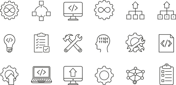 A comprehensive vector illustration showing essential tools and processes for modern software development, including continuous integration, coding, debugging, and project management tasks.