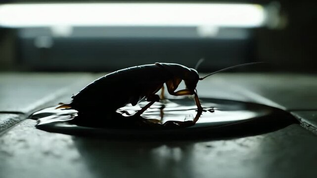 Cockroach drinking water in the shadows with silhouette contrast