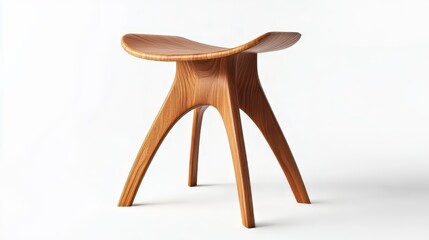 3D render of stool with splayed legs and contoured seat on white background