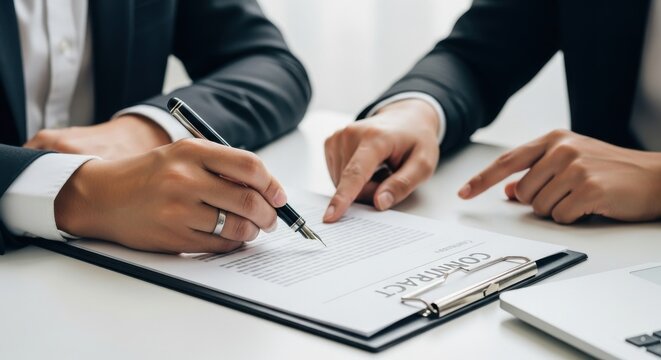 Business partners review and sign a contract during a meeting in a modern office setting