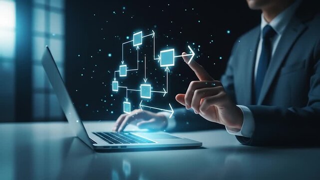Professional leveraging advanced digital technology to optimize complex business processes, visualize data flow, and drive innovation for enterprise growth and operational efficiency