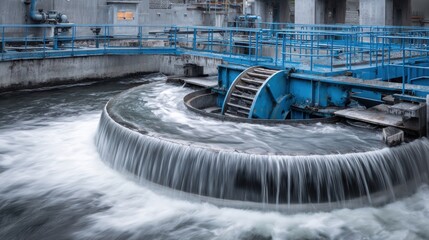 A beautiful and stunning mechanical waterwheel operating in perfect harmony with the flowing water around it