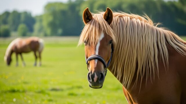 Majestic Chestnut Horse in a Sunny Meadow: Serene Equestrian Scene on Green Pasture