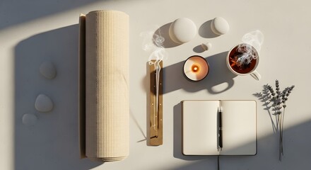 Overhead flat lay of a notebook, pen, coffee cup, and plants on a white desk with natural light and shadows.