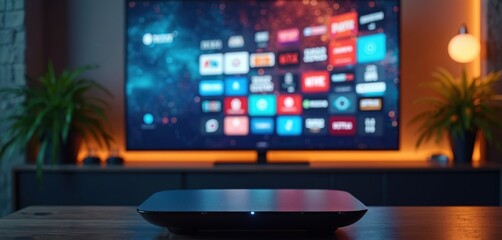 Smart TV interface displays app icons for streaming services and video content. A media player box sits on a wooden table in a modern living room setting.