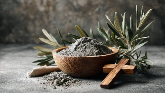 Religion, faith, liturgy, Ash Wednesday, Lent background. Brown wooden cross, ceremonial ash bowl and olive branch on grunge gray background