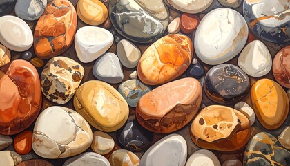 A Colorful and Artistic Rendition of Polished River Stones and Pebbles Abundant Surface