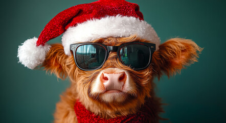 Cool cow in shades and Santa hat. A brown cow sports a Santa hat and sunglasses, looking stylish against a colorful backdrop during holiday celebrations.