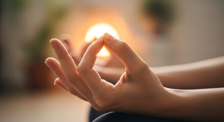 Close-up shot of a person's hands in a yoga mudra position with a warm and peaceful mood in a blurred background.