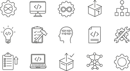 This essential collection of software development, programming, and coding line icons represents key concepts like DevOps, testing, optimization, and abstract problem-solving processes.