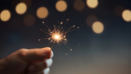 Brightly burning golden sparkler held carefully in a human hand against a deep blue and black background filled with beautifully blurred festive bokeh lights.