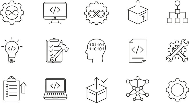 This essential collection of software development, programming, and coding line icons represents key concepts like DevOps, testing, optimization, and abstract problem-solving processes.