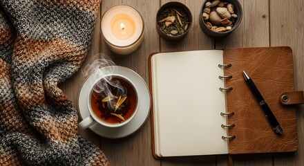 Overhead view of a cozy workspace with a cup of tea, notebook, and pen on a wooden table with a warm atmosphere.