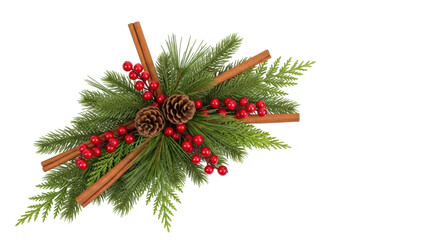 Isolated Christmas centerpiece with pine boughs, pinecones, cinnamon sticks and red berries