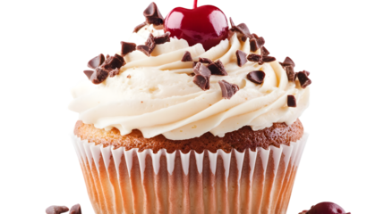 Close up of a vanilla cupcake with chocolate chips and cherry, a tasty dessert