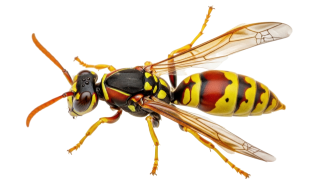 Isolated Polistes parametricus wasp, vibrant yellow and black markings, distinct body segments