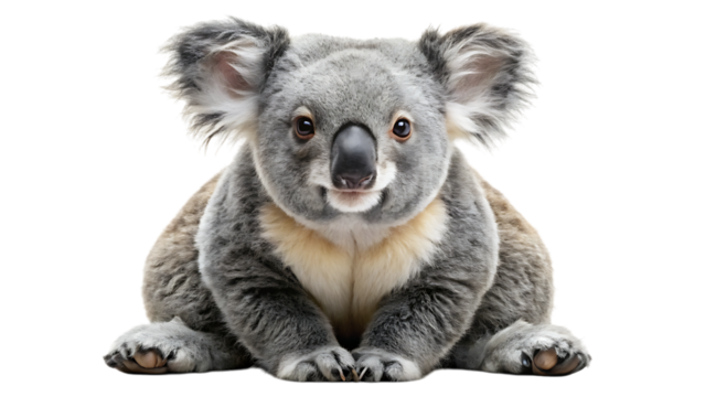 A cute koala sitting down, isolated on transparent background