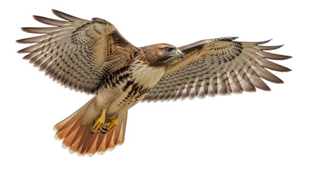 Isolated Red-tailed Hawk soars with wings fully extended, brown and white feather pattern detail
