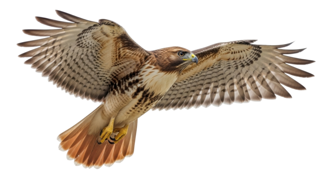 Isolated Red-tailed Hawk soars with wings fully extended, brown and white feather pattern detail