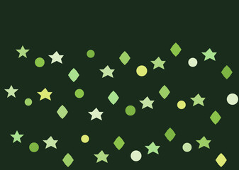 Green confetti stars circles and diamonds on dark background