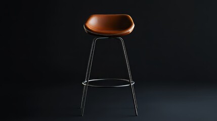Bar stool with brown leather seat and sleek metal frame on black background
