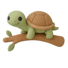 Cute Cartoon Turtle Made of Clay Sitting on Branch 3D Illustration