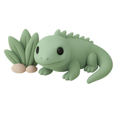 Cute Cartoon Lizard with Grass and Eggs in a Playful Style