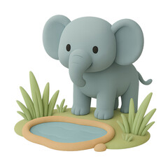 Cute Cartoon Elephant Standing Beside Small Water Pool in Nature
