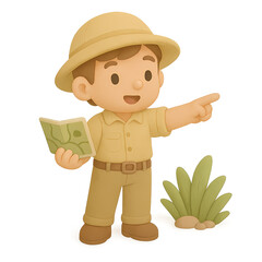 Cartoon Explorer with Map Pointing in Nature Illustrating Adventure