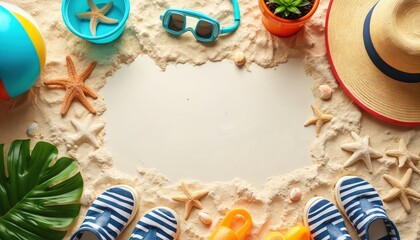 Beachside holiday items arranged on sand creating a vibrant scene. Includes sun hat, flip-flops, snorkeling gear, and beach ball ready for family fun.