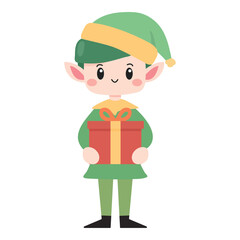 Cute little elf holding a gift box. Vector illustration design.
