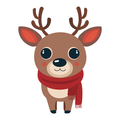 Cute cartoon reindeer with red scarf. Vector illustration.