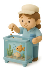 Animated Character Feeding Goldfish in a Bright Aquarium Scene