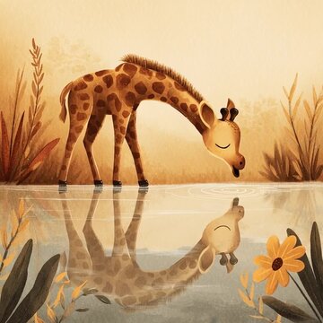 "Cute baby giraffe drinking water from a calm lake in the African savanna, its long neck reflected in the water, warm soft dawn light, pastel colors, children&rsquo;s book watercolor illustration style.