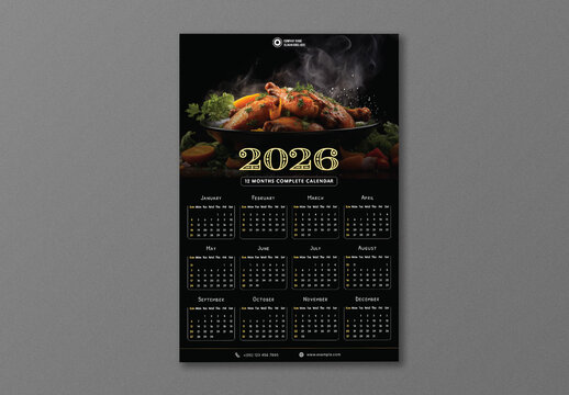 Editable 2026 Yearly Wall Calendar Template with Roasted Chicken Dish in Dark Theme Design.