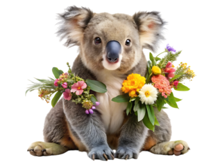 Cute koala bear sitting and holding a bouquet of colorful flowers, isolated on transparent background