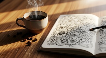 Steaming cup of coffee beside an adult coloring book on a wooden table with scattered coffee beans in warm natural light.