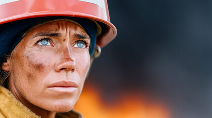Brave firefighter meets challenge. A determined firefighter stands against a backdrop of flames, showcasing strength and focus during a dangerous moment.