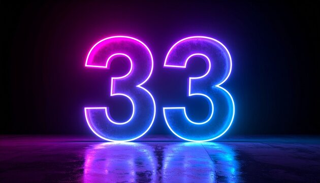 Neon Number 33 in Pink and Blue Gradient Glow on Dark Background with Reflective Floor in Futuristic Design