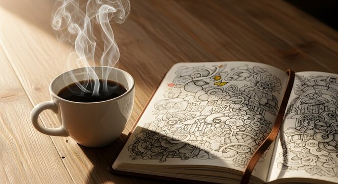 Steaming cup of coffee next to an open vintage map book on a wooden table with warm natural light.