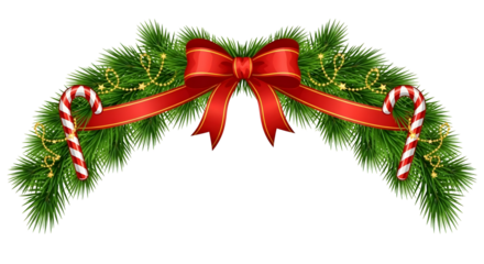 A Christmas arch made of realistic green pine boughs, decorated with a large red bow, cascading gold bead garlands, and two striped candy canes hanging on either side.