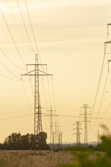 A serene landscape featuring power lines stretching towards the horizon at sunset, capturing the beauty of utility infrastructure.