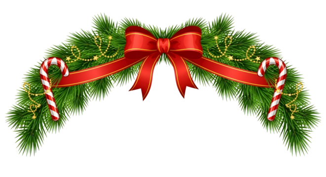 A Christmas arch made of realistic green pine boughs, decorated with a large red bow, cascading gold bead garlands, and two striped candy canes hanging on either side.