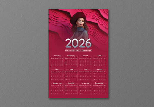 Editable 2026 Yearly Wall Calendar Template with Modern Woman in Red and Pink Theme Design.