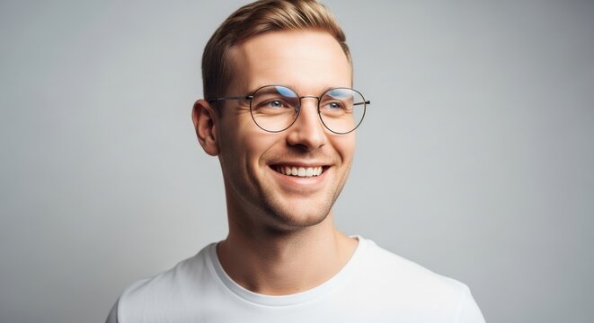 Smiling young man in casual attire with glasses against a simple gray background - Powered by Adobe
