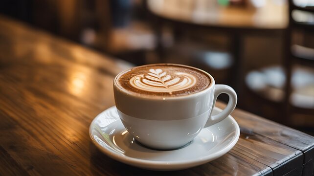 Delicious latte art coffee in a white cup on wooden table