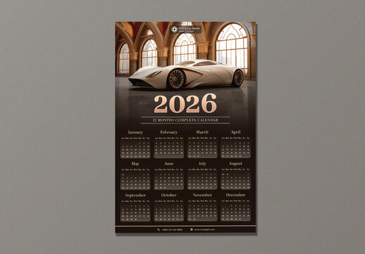 Editable 2026 Yearly Wall Calendar Template with Luxury Sports Car in Classic Architectural Hall Image.