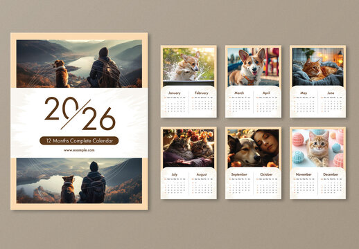 Editable 2026 Yearly Calendar Template Set with Pet Animal Photos on Grey Background.