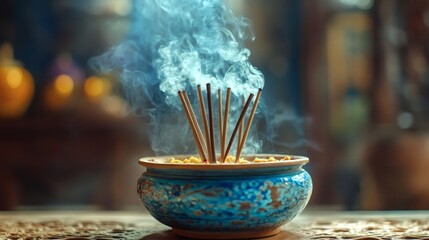 Burning incense sticks with soft, rising smoke creating a calm and meditative atmosphere against a dark background. Concept of spirituality, relaxation, mindfulness, and aromatherapy.